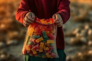 ai gerado plástico saco cheio do frutado guloseimas foto