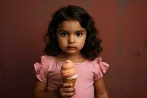 ai gerado uma pequeno menina comendo a gelo creme cone foto