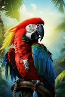 ai gerado uma vívido fundo apresentando uma negrito pirata, tropical papagaio foto