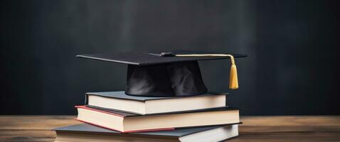 ai gerado graduado grau boné em a livros foto