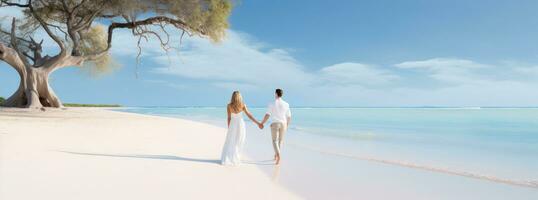 ai gerado casal caminhando em uma tropical branco arenoso de praia foto