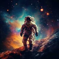 ai gerado astronauta dentro vívido espaço, adornado com estrelas, planetas, e expansivo cópia de espaço para texto foto