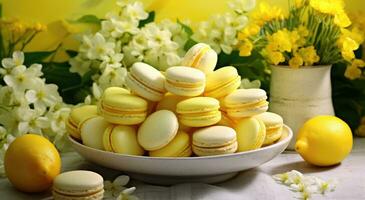 ai gerado uma prato preenchidas com macarons Próximo para limão flores foto