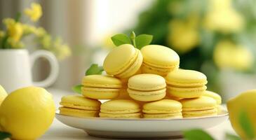 ai gerado uma prato preenchidas com macarons Próximo para limão flores foto