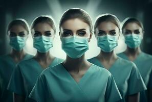 ai gerado uma grupo do mulheres dentro enfermeiras uniformes com cirúrgico máscaras foto