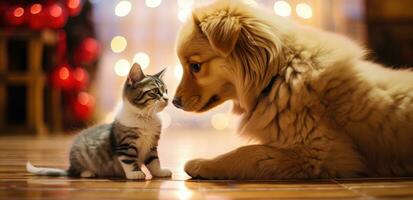 ai gerado uma cachorro é se beijando uma gatinho em a chão com vermelho meias foto