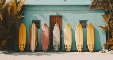 ai gerado uma colorida quadrilha do surfar Pranchas é inclinado contra uma de madeira porta foto