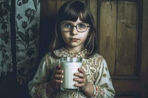 ai gerado uma pequeno menina bebendo leite a partir de uma vidro foto