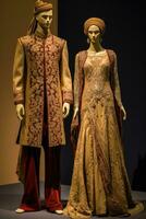 ai gerado elegante indiano roupas em exibição uma homem e uma mulher dentro tradicional vestuário foto