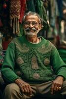 ai gerado a velho homem com uma grande sorriso, vestindo uma verde suéter foto