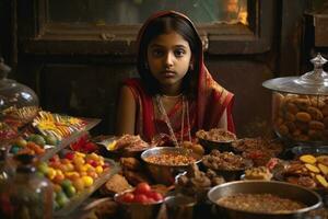 ai gerado uma pequeno menina entre muitos alimentos foto