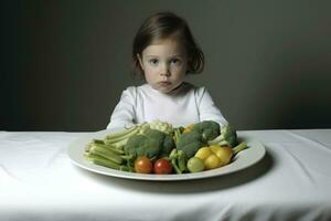 ai gerado uma pequeno menina sentado dentro frente do uma prato cheio do legumes foto
