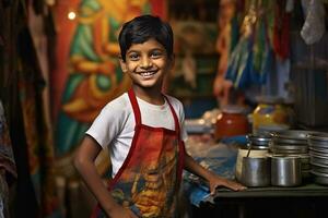 ai gerado uma jovem fazer compras Garoto sorridente às a Câmera - uma retrato dentro a cozinha foto