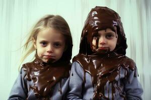 ai gerado dois crianças jogando dentro chocolate foto