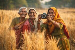 ai gerado indiano mulheres posando dentro uma campo com uma Câmera foto