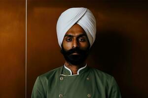 ai gerado sikh homem vestindo uma turbante, possivelmente uma chefe de cozinha, parece frente foto