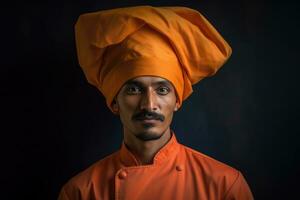 ai gerado com experiência indiano chefe de cozinha vestindo tradicional laranja turbante foto