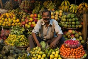 ai gerado a fruta homem - sentado entre montanhas do fresco fruta foto