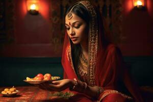 ai gerado lindo indiano mulher dentro tradicional vestuário oferta uma prato do Comida foto