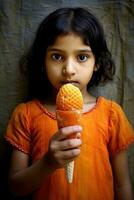 ai gerado a pequeno menina segurando a laranja fosco cone foto