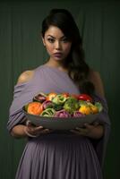 ai gerado lindo mulher segurando uma ampla tigela do sortido frutas e legumes foto