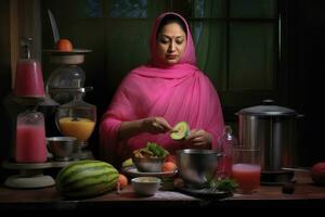 ai gerado uma mulher preparando fresco fruta dentro a cozinha foto