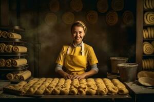 ai gerado padeiro deleite - uma sorridente padeiro criando pão dentro a cozinha foto