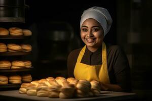 ai gerado sorridente padeiro dentro dela cozinha foto