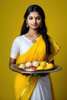 ai gerado lindo indiano mulher oferta uma tradicional Comida prato foto