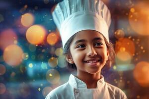 ai gerado sorridente pequeno chefe de cozinha dentro uma brilhante cozinha foto