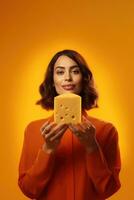 ai gerado sedutor queijo propaganda apresentando uma lindo mulher dentro a laranja vestir foto