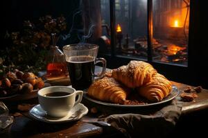 ai gerado aventura noite com café e croissants. foto