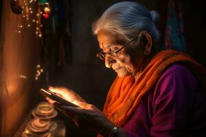 ai gerado a idosos mulher dentro Índia é lendo de a luz do uma Móvel telefone, explorando a moderno dispositivo foto