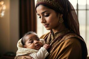 ai gerado jovem muçulmano mulher dentro nacional roupas segurando uma recém-nascido bebê dentro dela braços foto