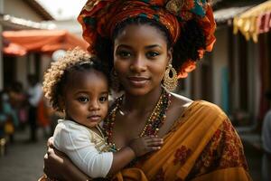 ai gerado lindo jovem africano mulher dentro nacional roupas segurando uma filha dentro dela braços foto