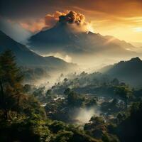 ai gerado a ativo vulcão entra em erupção e emite quente nuvens baixa para a declives do a montanha, causando alterar dentro a cor do a nuvens foto