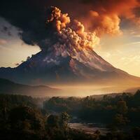 ai gerado a ativo vulcão entra em erupção e emite quente nuvens baixa para a declives do a montanha, causando alterar dentro a cor do a nuvens foto