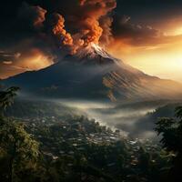 ai gerado a ativo vulcão entra em erupção e emite quente nuvens baixa para a declives do a montanha, causando alterar dentro a cor do a nuvens foto