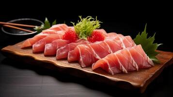 ai gerado realidade foto atum sashimi, cru peixe dentro tradicional japonês estilo, é muito delicioso para comer