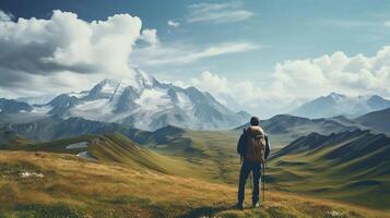 ai gerado realidade foto do homem desfrutando a Visão a partir de a platô para Elbrus, nuvens e montanha Campos brilhando dentro verão, uma muito deslumbrante Visão