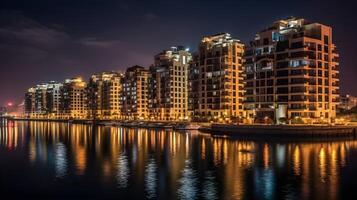 ai gerado a apartamento complexo perto a baía às noite cheio do luz e reflexão em a água. foto