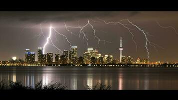 ai gerado espetacular relâmpago tempestade sobre Toronto Horizonte às noite, naturezas fúria encontra urbano esplendor foto