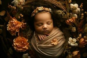 ai gerado nascermos bebê dormindo dentro flor cesta ai gerado foto