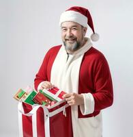 ai gerado uma homem santa claus segurando uma presente saco em branco fundo ai gerado foto