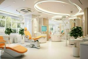 ai gerado moderno dental escritório, dental clínica cadeira dentro hospital cama, sala, cadeira, janela, ai gerado foto
