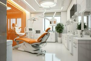 ai gerado moderno dental escritório decoração Rosa cor, dental clínica cadeira dentro hospital cama, sala, cadeira, janela, ai gerado foto