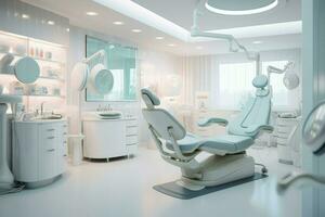 ai gerado moderno dental escritório decoração céu cor, dental clínica cadeira dentro hospital cama, sala, cadeira, janela, ai gerado foto