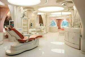 ai gerado moderno dental escritório decoração Rosa cor, dental clínica cadeira dentro hospital cama, sala, cadeira, janela, ai gerado foto