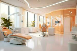 ai gerado moderno dental escritório decoração Rosa cor, dental clínica cadeira dentro hospital cama, sala, cadeira, janela, ai gerado foto