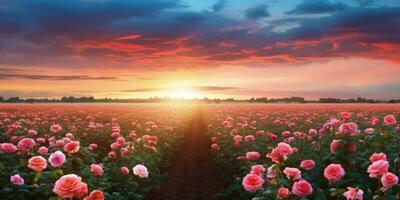 ai gerado rosa campo dentro a nascer do sol manhã com lindo céu foto